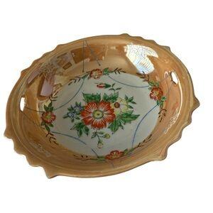 Lusterware Peach with Orange/Blue Flowers 7 inch Bowl Made in Japan Vintage.